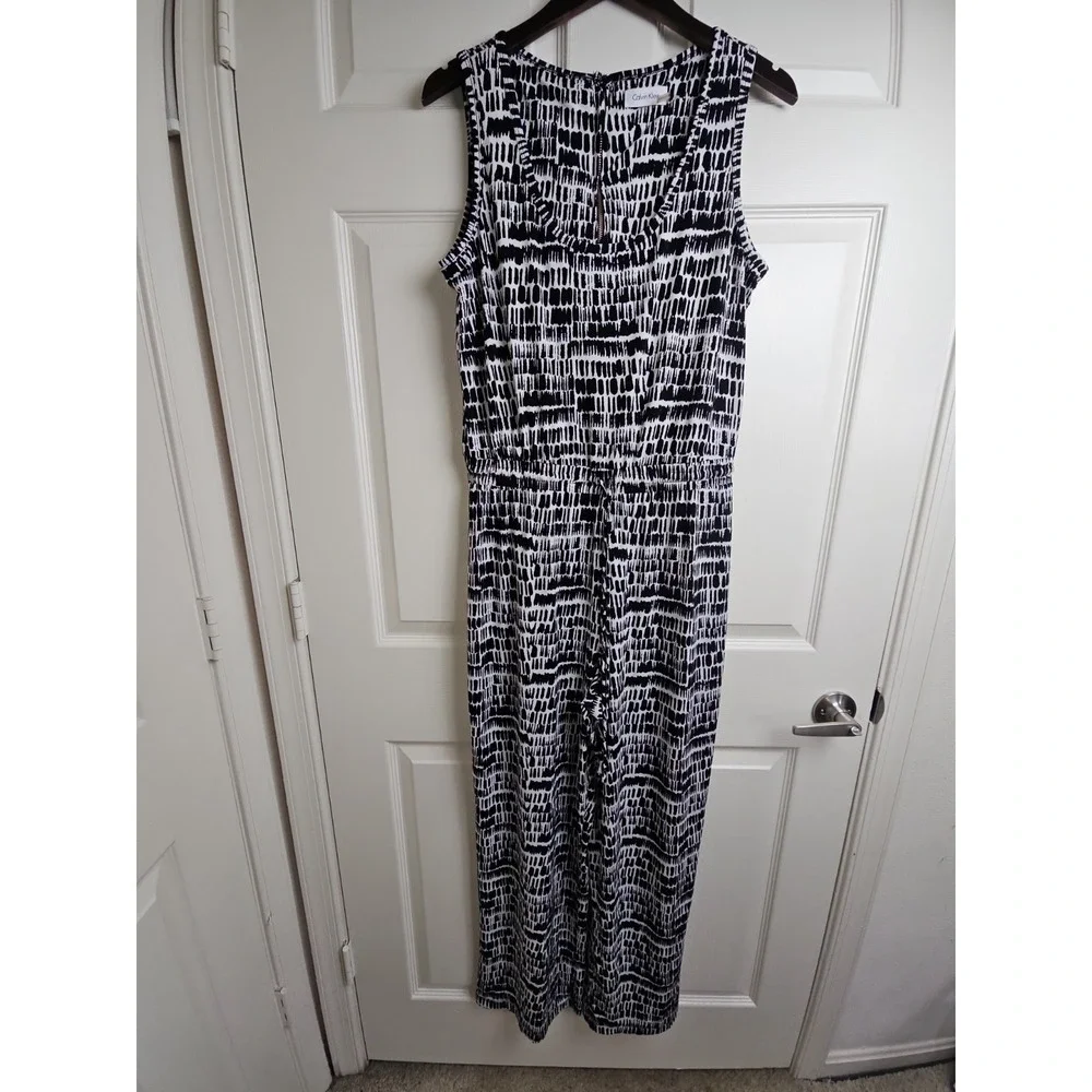 Calvin Klein Jumpsuit Women Size 12 Black & White Print Elastic Waist Drawstring